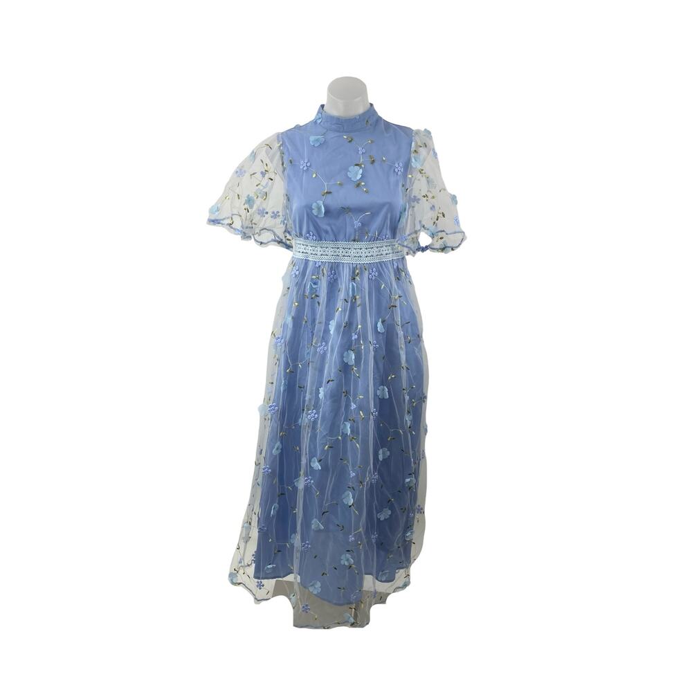 Women's Blue Floral Embroidered Short Sleeve Mesh Sheer A Line Maxi Dress Size S